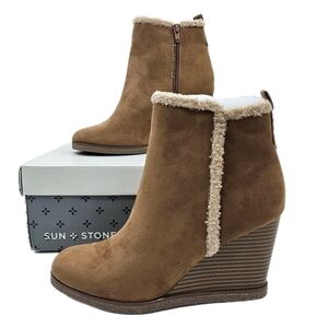 Sun + Stone Women's Tan Faux Suede Camillia Wedge Ankle Boots Shoes Size 7.5